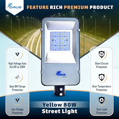Image of Forus LED Street Light 80W Waterproof IP66 Outdoor Yellow Lamp for Home Garden Parking Lot Road Pathway Highway Warehouse Factory Yard Driveway Pole Mounted LED Streetlight 5 Years Warranty 1Pc