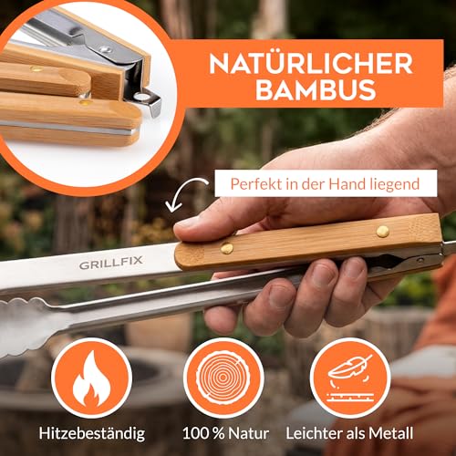 GRILLFIX BBQ Grillbesteck Set 3-teilig – Grillzange Edelstahl 38 cm mit Holzgriff, Grillmesser & Fleischgabel, extra Lange Küchenzange Kochzange für Grill, Küche, Papa Geschenk Vatertag 4