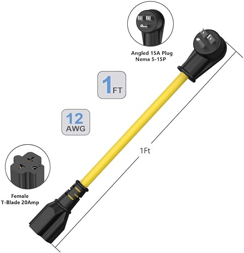 Miniatura 7 de Cable adaptador de enchufe doméstico de 1 pie de 12 AWG en ángulo recto de 15 amperios a 20 amperios, cable adaptador de enchufe de 90 grados Nema