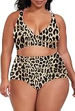 Sovoyontee Women's 2 Piece Plus Size High Waisted Swimsuit Bathing Suit, Leopard, 2XL