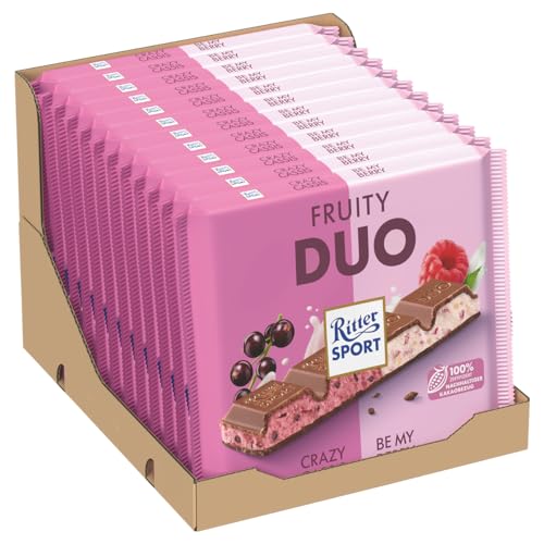 RITTER SPORT Fruity Duo, Doppio Gusto in Unica Barretta Crazy Cassis + Be My Berry, Tavoletta di Cioccolato al Latte con Fiocchi di Riso, Pezzi di Frutti Rossi e Crema di Yogurt, 12 Pezzi x 218g