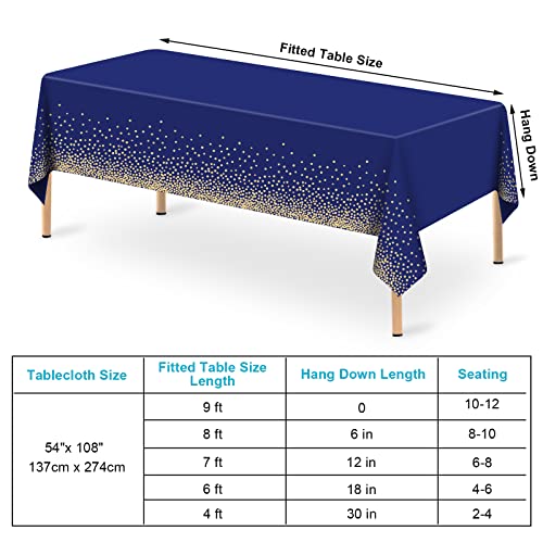 Image of 12 Pcs Navy Blue Plastic Tablecloth Gold Dot Blue Table Cloth, 54x108 inches Disposable Gold Dot Confetti Dark Blue Table Cover for Anniversary, Friendsgiving, Fine Dining, Graduation Party Decoration