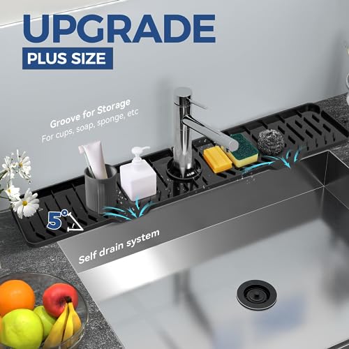Image of 24 inch Splash Guard Plus Size Silicone Sink Faucet Drying Mat Handle Drip Catcher Tray Dish Sponge Holder Kitchen Accessories Protector Home Organization Gadgets Organizer