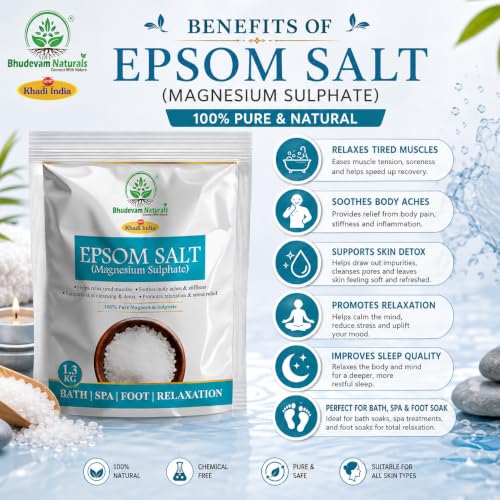 Image of Khadi Premium Grade Pure Epsom Salt for Muscle Pain Relief, Stress Reduction & Detox | 100% Pure Magnesium Sulfate Bath Soak for Relaxation, Skin Care & Foot Spa - 1.3KG