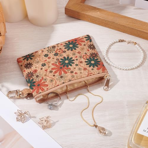 Image of GORGECRAFT Cork Coin Purse Portable Clutch Purse Vintage Daisy Floral Pattern Credit Card Holder with Zipper Coin Pocket Vegan Bag for Travel Cosmetic Make up Brushes Lipstick 3.4 x 4.7 inch