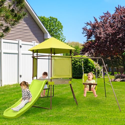 COSTWAY Spielturm, Klettergerüst mit Schaukel, Rutsche und Leiter, Outdoor Kinder Kletterturm, Kinderspielplatz für Garten