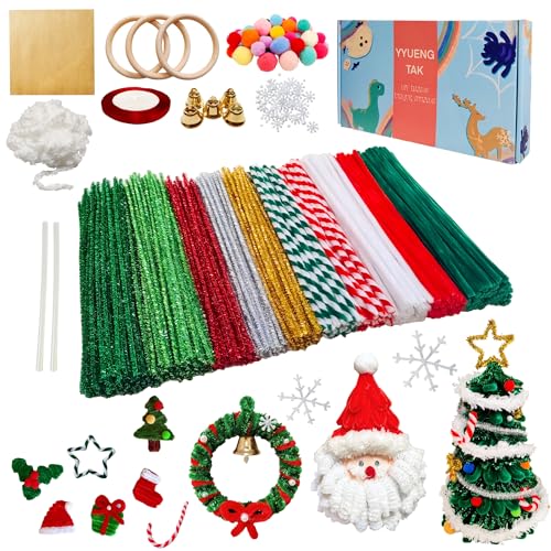 YYUENG TAK 473 Pcs Christmas Pipe Cleaners Craft SetVarious Accessories Christmas Craft Kit with Wooden Rings Card Paper pom poms Pearls for DIY Decorations Christmas Party Supplies & Creative Gift