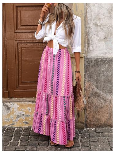 Floerns Women's Summer Maxi Skirt Geo Tiered Ruffle Hem Beach A Line Skirts4