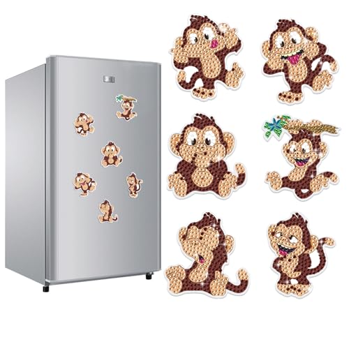 JZHYOAN 6Pcs Diamond Art Fridge Magnet Sticker for for Kitchen Office Home Cabinet Wall Decoration Monkey DIY Colorful Refrigerator Strong Magnets Decorative Magnets for Adults Woman Man