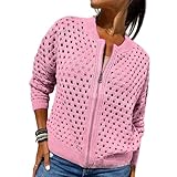 Whimsyard - Chaqueta tejida con cremallera y recortes para mujer, suéter tipo cárdigan con cierre de ganchillo, top de punto con aberturas para mujer, prenda de punto de ganchillo (Rosa, L)