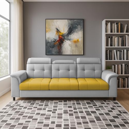 Image of Casaliving Ella 3 Seater Sofa Set for Living Room (Yellow Grey Colour Fabric) Premium Fabric Sofa