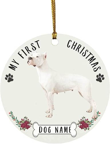 Adornos para árbol de Navidad con nombre personalizado, diseño de Dogo Argentino, blanco, 2023, círculo, cerámica, decoración, regalos para dueños