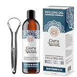 GuruNanda Advanced Formula Oil Pulling with Tongue Scraper - Natural Coconut Oil Mouthwash with Essential Oils & Vitamins D, E - Ayurvedic Formula Helps Bad Breath - Healthy Gums & Teeth (8 Fl Oz)