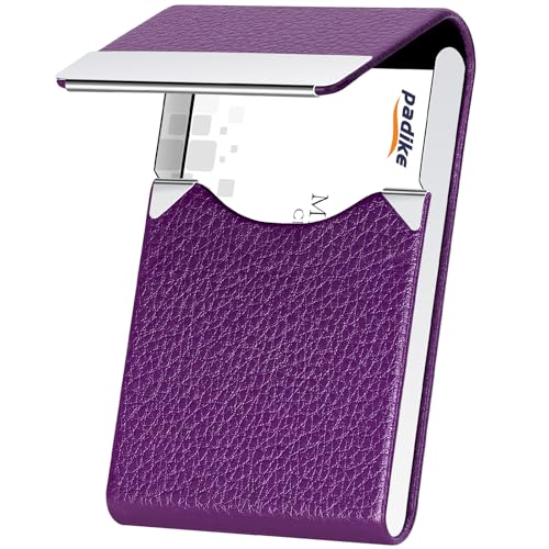 Image of Padike PU Leather Business Card Holder for Women Slim Pocket Business Name Card Holder Stainless Steel Business Card Case with Magnetic Shut (Purple)