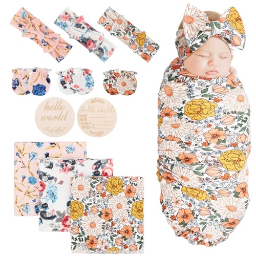Image of DRESHOW BQUBO Baby Girl Newborn Receiving Blanket Newborn Baby Swaddling Blanket with Headband and Mittens Set Swaddle Nursery Toddler Warm Shower Gift 3 Pack