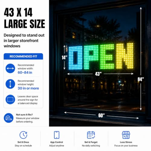 Image of 43 inch x 14 inch Open Sign for Business, Large RGB LED Open Sign with App & Remote Control, 64 Lighting Modes, Adjustable Color Brightness and Speed, 24 /7 Timer, Indoor Storefront Window Sign for Bar Salon Cafe Retail Shops