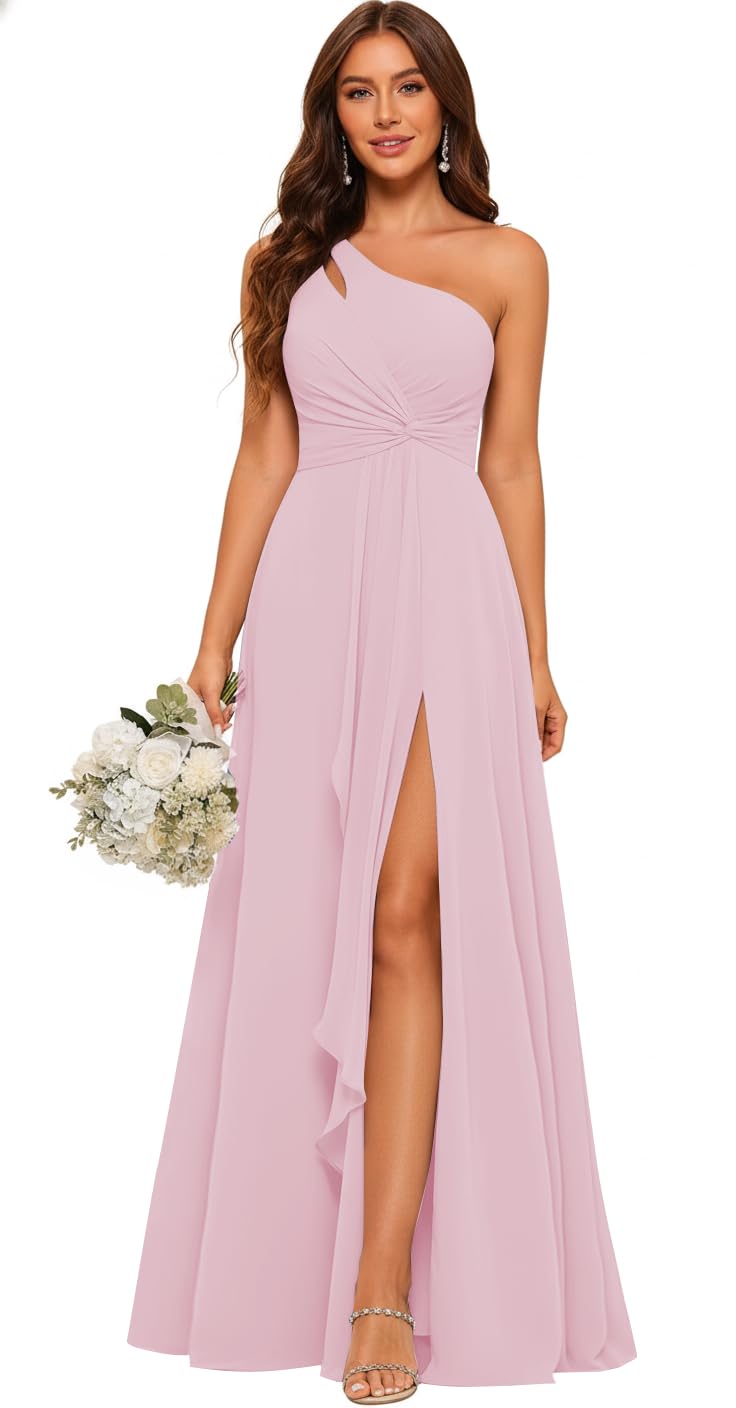 Woyiam One Shoulder Bridesmaid Dresses for Women Chiffon Ruffles Pleated Long Formal Evening Gown with Slit