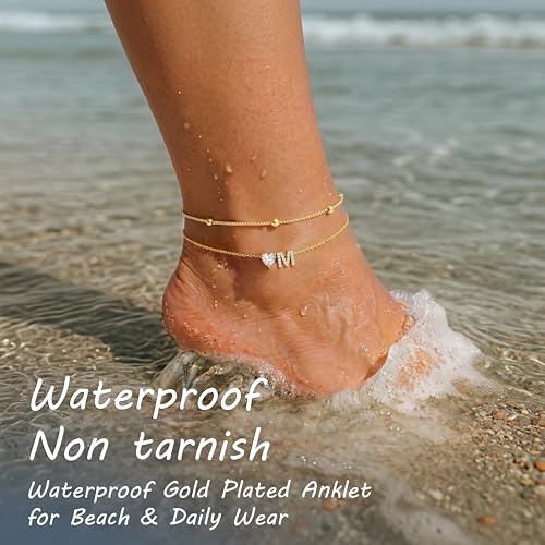 Image of NECOCY Initial Heart Diamond Anklets for Women Waterproof, Non Tarnish 14k Gold Plated Letter Ankle Bracelets Dainty, Summer Beach Bikini Jewelry Gifts for Women