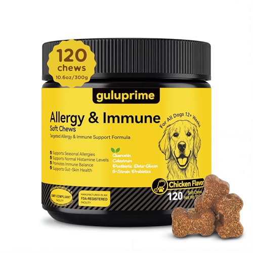 guluprime Dog Allergy Relief Chews with Quercetin Colostrum Bromelain& Probiotics 120ct