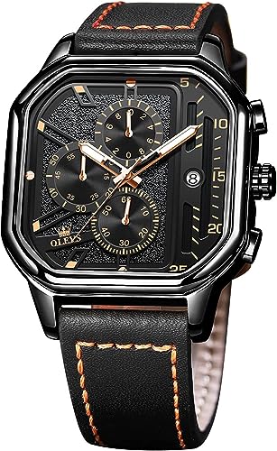 OLEVS Watches for Men Quartz Chronograph Leather Fashion Dress Watch Date Waterproof Luminous Casual Square Business Wrist Watches …, Black-9950, dress