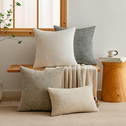 a moment Kissenbezug 40x40 Creme Chenille 2er Set Dekokissen Kissenbezüge Muster Sofakissen Zierkissen Couchkissen Deko Waschbar Flauschig Kissenhülle für Sofa Wohnzimmer Schlafzimmer