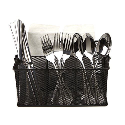 Mind Reader Storage Basket Organizer, Utensil Holder, Forks, Spoons, Knives, Napkins, Perfect For Desk Supplies, Pencil, Pens, Staples, Black, 4 Compartments #TOP4