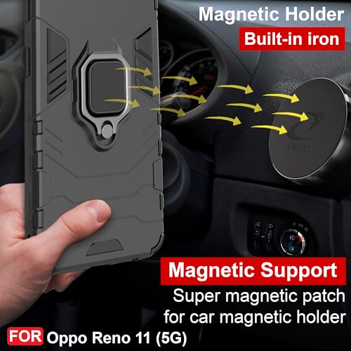 Image of CEDO Kickstand Cover for Oppo Reno 11 (5G) Rugged Case | Built-in Stand Rotating Ring Holder | Military Grade Armor Bumper Back Cover (Black)