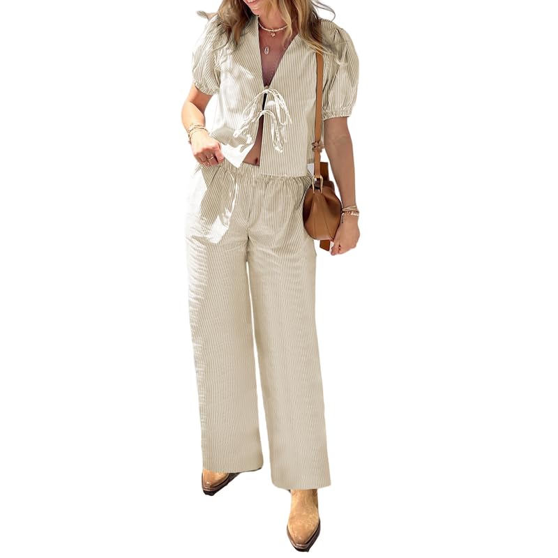Thopavenoir Conjunto de pijama informal de 2 piezas para mujer, manga abombada, lazo frontal, cintura alta, pantalones holgados, conjunto de pijama, Rayas Caqui, XL