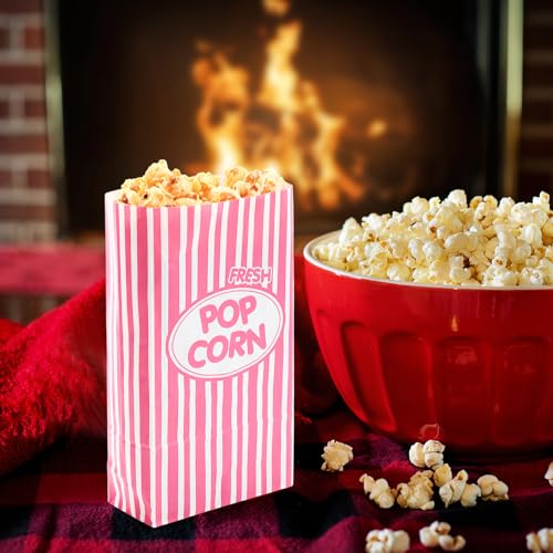 Image of Potchen 200 Pcs Paper Popcorn Bags Bulk 2 oz Large Individual Serving Popcorn Bag Flat Bottom Disposable Container Vintage for Movie Night Themed Summer Back to School Party Carnival (Pink)