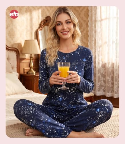 Image of ENJOYNIGHT Womens Pajama Set Cotton Pjs Long Sleeve Sleepwear with Pockets | Two Piece Crew Neck Sleep Set, Elastic Waist Long Pant, Lightweight Loungewear