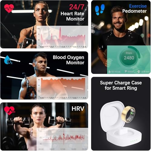 Image of Health Tracker Ring, Smart Health Ring for Women Men with Heart Rate, Blood Oxygen, Sleep Monitor, Steps,Calories, No Subscription Fee, IP68 Waterproof Smart Ring for iPhone & Android (Gold, 10#)
