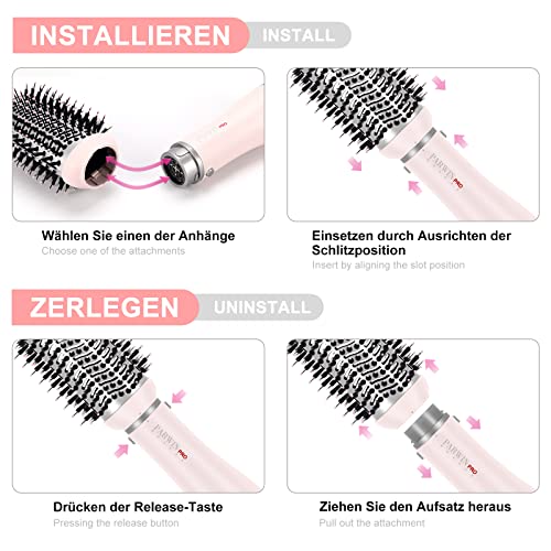 Foto von 4 IN 1 Haartrockner Warmluftbürste Set, PARWIN PRO BEAUTY Styler-Set, Föhnbürste mit 4 Aufsätze zum Trocknen, Glätten, Volumen und Stylen, Ionen Pflege, 1000 Watt, Rosa
