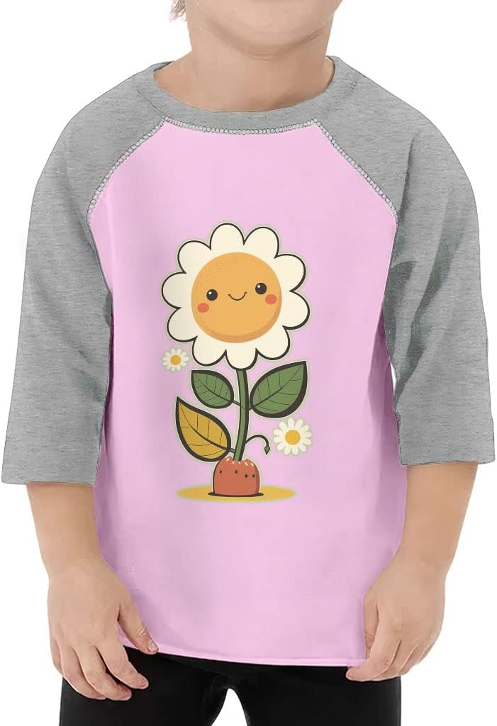 Daisy Print Toddler Baseball T-Shirt - Kawaii 3/4 Sleeve T-Shirt - Cool Design Kids' Baseball Tee