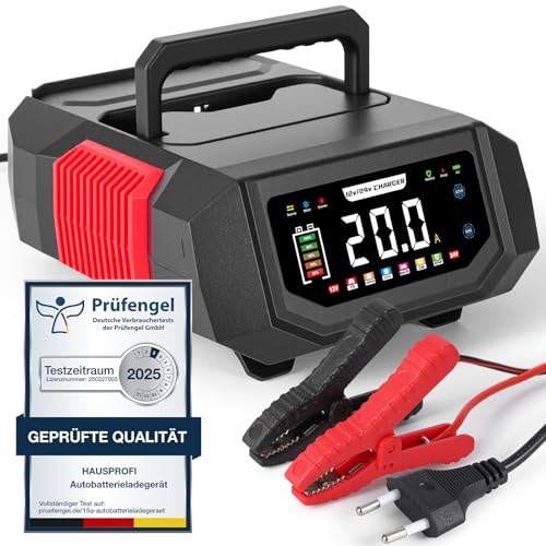 HAUSPROFI Caricabatterie Auto 20A & Mantenitore 12V/24V Intelligente, Corrente Regolabile (1A-20A), Desolfatatore con Riparazione a 9 Fasi per Auto/Moto/Camion/Litio LiFePO4/AGM, Schermo LCD