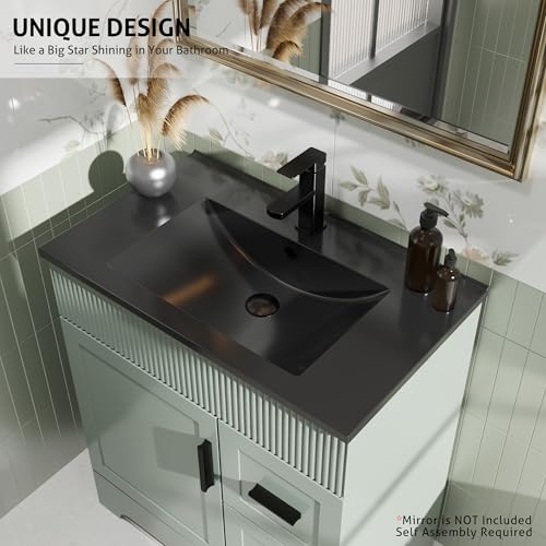 Image of eclife 30 inch Bathroom Vanities Sink Combo with Painted Surface, Modern Drawered Cabinet W /Decorative Wave Lines, Undermount Single Black Sink, Matte Black Faucet Drain, Gray Green