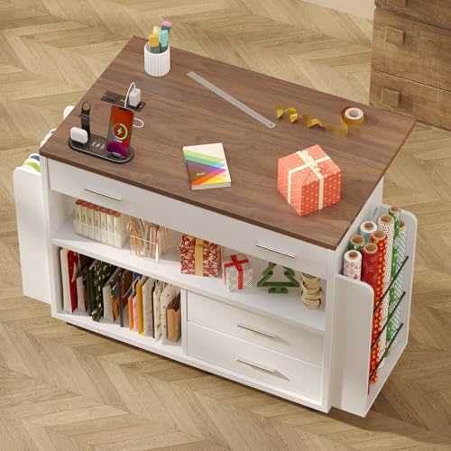 Lurinthal Wrapping Paper Storage Cart with Foldable Drop Leaf Crafting Table with Power Outlets Wrapping Paper Organizer with Ribbon & Gift Bag Storage Rolling Gift Wrap Storage Station