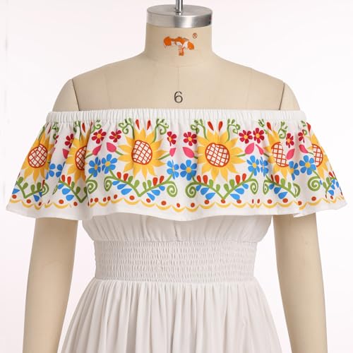 Image of ABEHIK Mexican Dresses for Women Traditional Off Shoulder Summer Floral Sunflower Fiesta Long Maxi Dress Cinco de Mayo Outfit