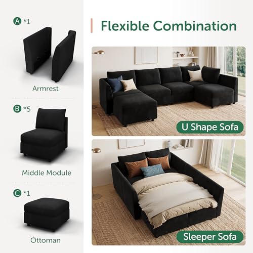 Image of HONBAY Modular Velvet Sleeper Sectional Sofa with Storage,Black | Easy to assemble,Hidden Storage,Removable Cushion,Sectional Couches for Living Room,Pet-friendly Fabric