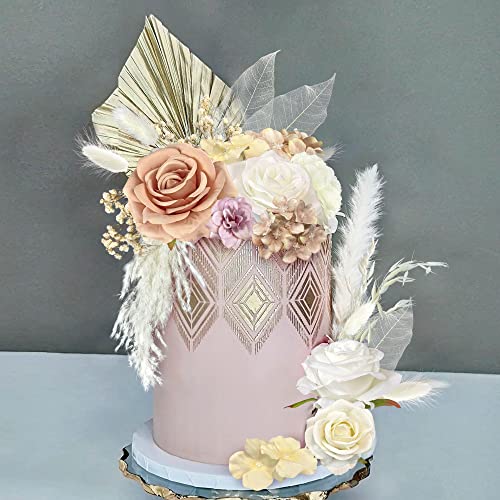 Havagdtm HAVA-23KF 33 Pcs Boho Cake Topper Decorations Vintage Artificial Rose Flowers Leaves Various Dried Pampas Grass thumb #2