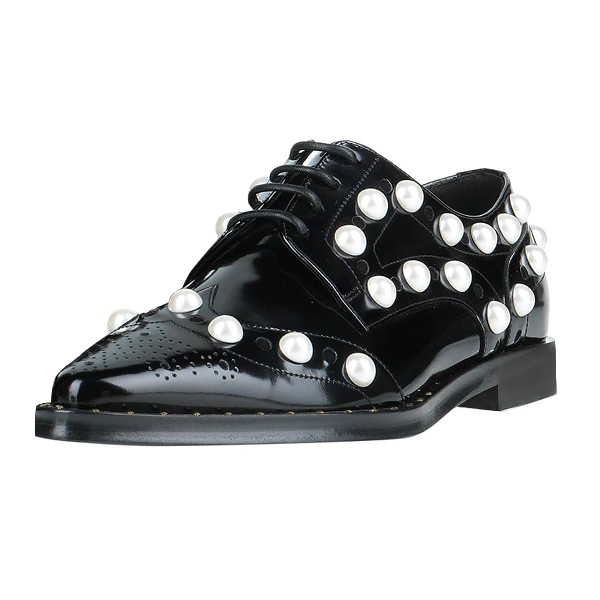 FSJ Womens Oxfords Pointed Toe Pearl Embellished Brogue Lace-Up Flat Low Heel Elegant Wingtip Walk Shopping Shoes Size