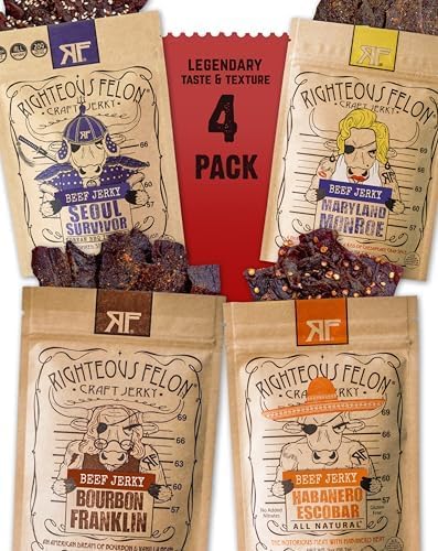 Righteous Felon Beef Jerky Variety Pack | Gluten Free Snack Packs for Adults | High Protein, Keto, Low Sugar | Made with Premium Meats | Gifts for Men | Spicy Jerky 4 Pack