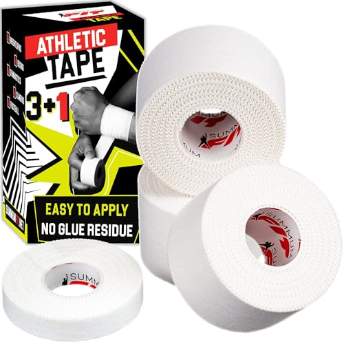 Summum Fit White Athletic Tape Extremely Strong: 3 Rolls + 1 Finger Roll. Easy to Apply & No Residue. Sports Tape Athletic for Boxing Football Climbing or Gymnastics for Wrist Ankle & Hand Protection