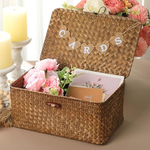 Image of Geelin Sea Grass Wedding Card Basket With Letter Flag Decorative Wedding Card Woven Post Box Suitable For Baby Showers Birthdays Graduation Ceremonies Bridal Showers(11 Inch,Coffee)