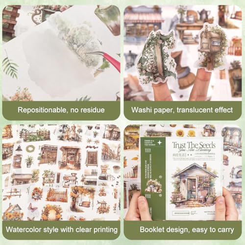 Image of HASTHIP 50-Page Garden Theme Sticker Book, Watercolor Floral & Vintage Countryside Die Cut Washi Stickers for Scrapbooking, Junk Journals, Planners, Card Making & DIY Crafts