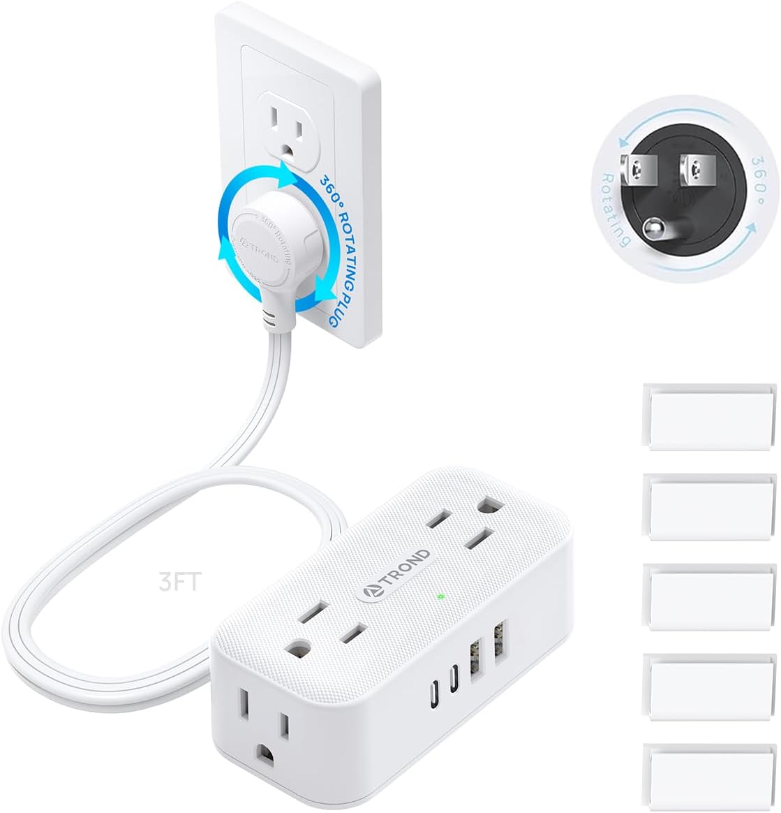TROND 360° Rotating Flat Plug Short Extension Cord 3FT - Low Profile Power Strip Mountable, 4 AC 4 USB, 900J, 13A/1625W, Compact for Tight Spaces Hard Reach Outlet in Bedroom Home Office Dorm, White