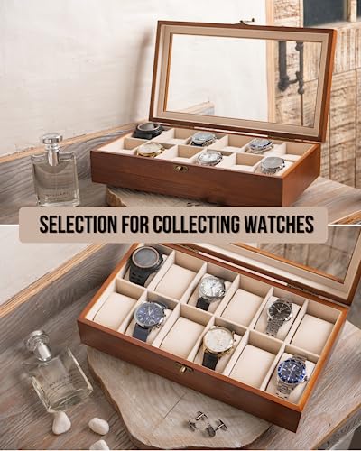 Exper City Watch Box, Watch Case For Men Women With Large Glass Lid, Wooden Watch Display Storage Box With 12 - Slots, Walnut Mens Watch Box Organizer #TOP2