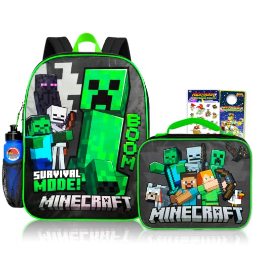 Mochila Minecraft e lancheira para crianças - Pacote com mochila Minecraft e adesivos para lancheira Plus, garrafa de água, mais (bolsa escolar Minecraft), Mochila Minecraft para Meninos, minecraft school supplies, Material escolar Minecraft, Lancheira Minecraft, Mochila Minecraft para Meninos