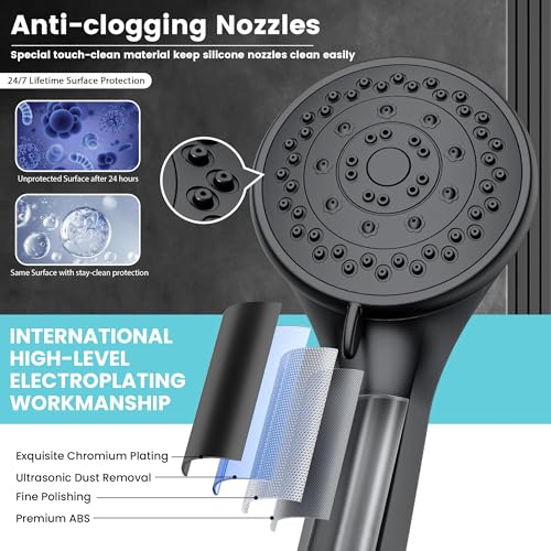 High Pressure Handheld Shower Head,5 Functions Powerful Water Spray Showerheads against Low Pressure Water Flow with Stainless Hose and Adjustable Mount Matte Black - Image 3