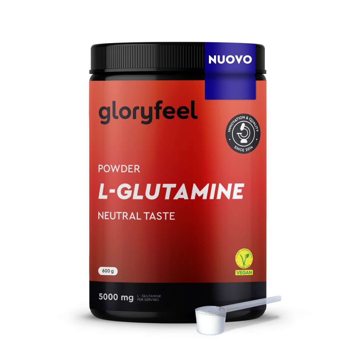 L-Glutammina in Polvere 600g, 5000 mg ad Alto Dosaggio, Scorta di 4 Mesi, Aminoacido Glutammina ad Alto Assorbimento, Gusto Neutro, 100% Vegan, Senza Additivi