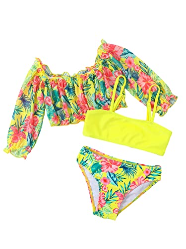 WDIRARA Toddler Girl's 3 Pieces Tropical Print Bikini Swimsuit Bathing Suits with Frill Cover Up Tops